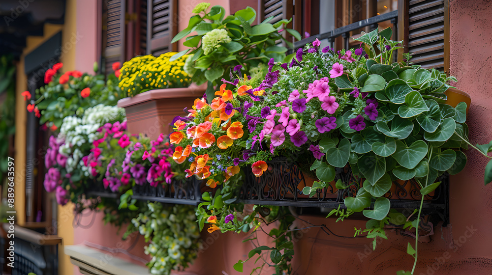 Fototapeta premium Balcony flowers in container pots: space-saving design, transforming balconies into vibrant garden spots