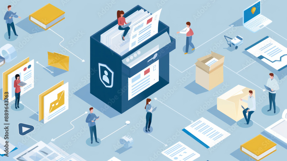 Illustration of People Organizing Digital Files and Documents in a Collaborative Workspace Illustration of People Organizing Digital Files and Documents in a Collaborative Workspace