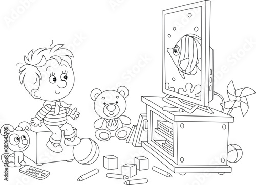 Happy little boy and his funny puppy watching TV with an animated cartoon film about a funny butterfly fish swimming on a tropical coral reef, black and white vector illustration for a coloring book