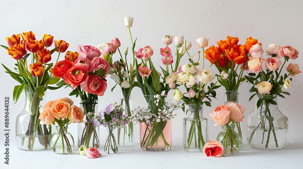 Beautifully arranged fresh flowers in elegant vases on a clean white background. 32k, full ultra HD, high resolution