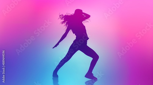 Silhouette of a woman dancing in front of a pink and blue gradient background. © Farm
