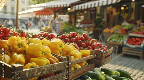 Fototapeta Naklejka Na Ścianę i Meble -  Vibrant Market Bounty Fresh Vegetables in a Sunlit Street Stall