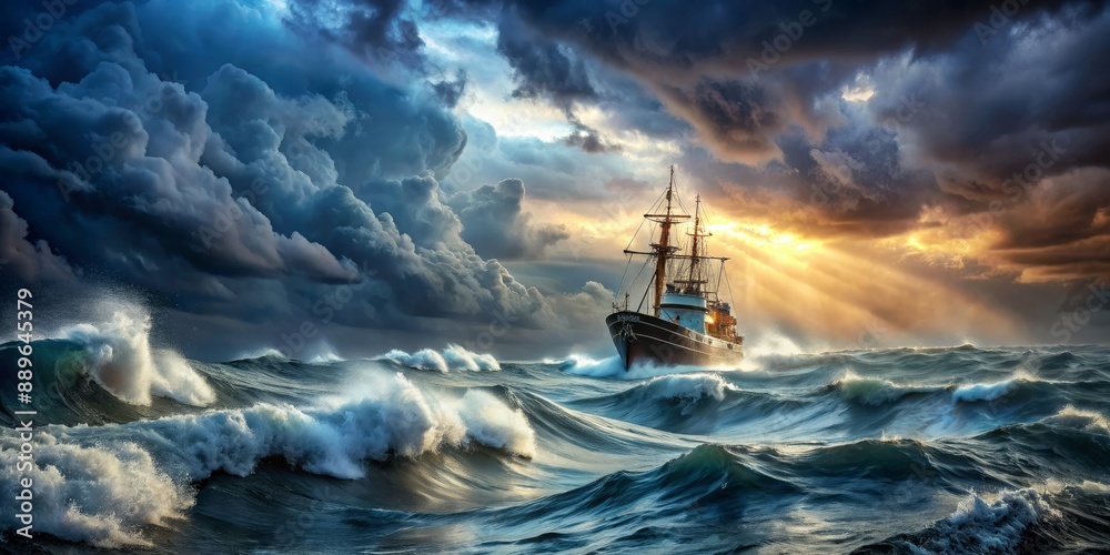Obraz premium Sailing Through the Storm, Dramatic Sunset Seascape, Ship, Waves, Clouds, Ocean, Light Rays