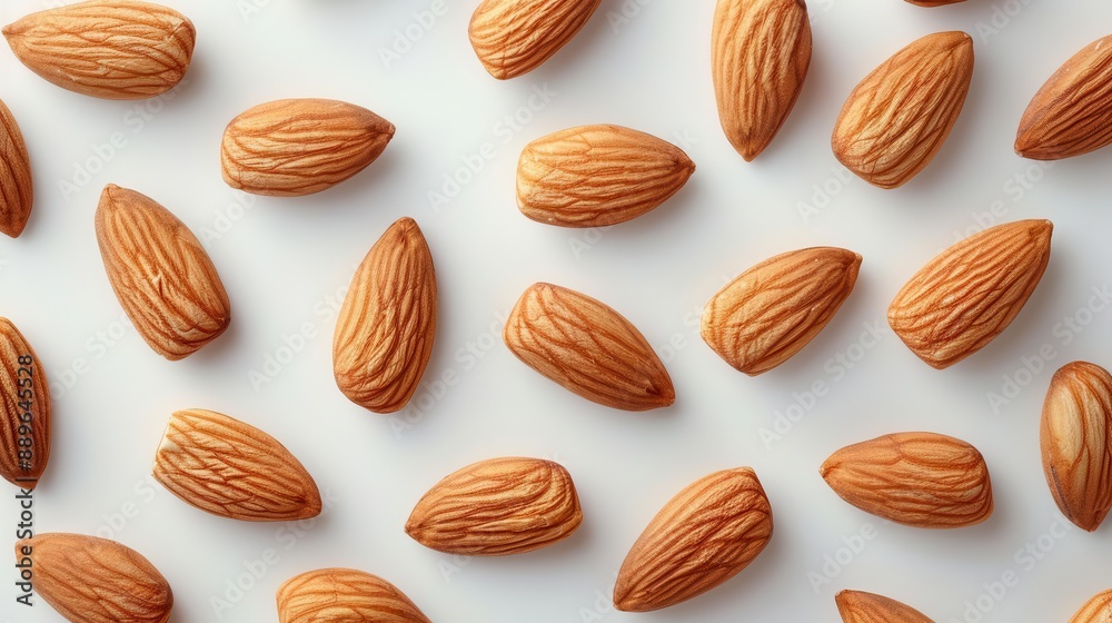 Top view of scattered almonds on a white background. Perfect for health, food, and diet concepts. Top view of scattered almonds on a white background. Perfect for health, food, and diet concepts.