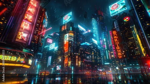 A futuristic city at night, illuminated by neon lights and holographic advertisements.