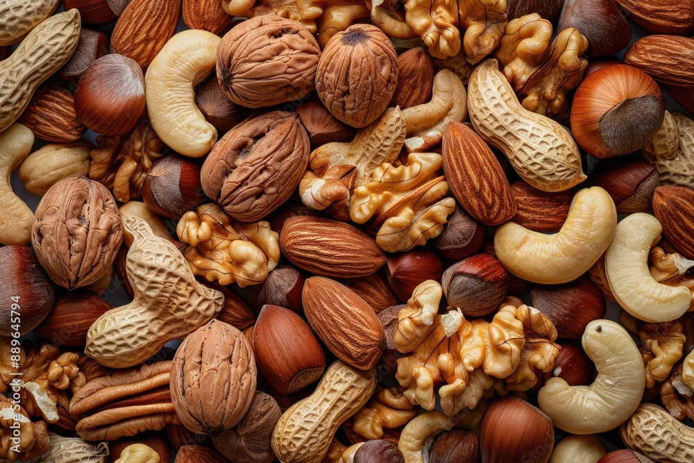 A variety of nuts including almonds, walnuts, hazelnuts, peanuts, and cashews. Healthy mixed nuts background, rich in protein and nutrients. A variety of nuts including almonds, walnuts, hazelnuts, peanuts, and cashews. Healthy mixed nuts background, rich in protein and nutrients.
