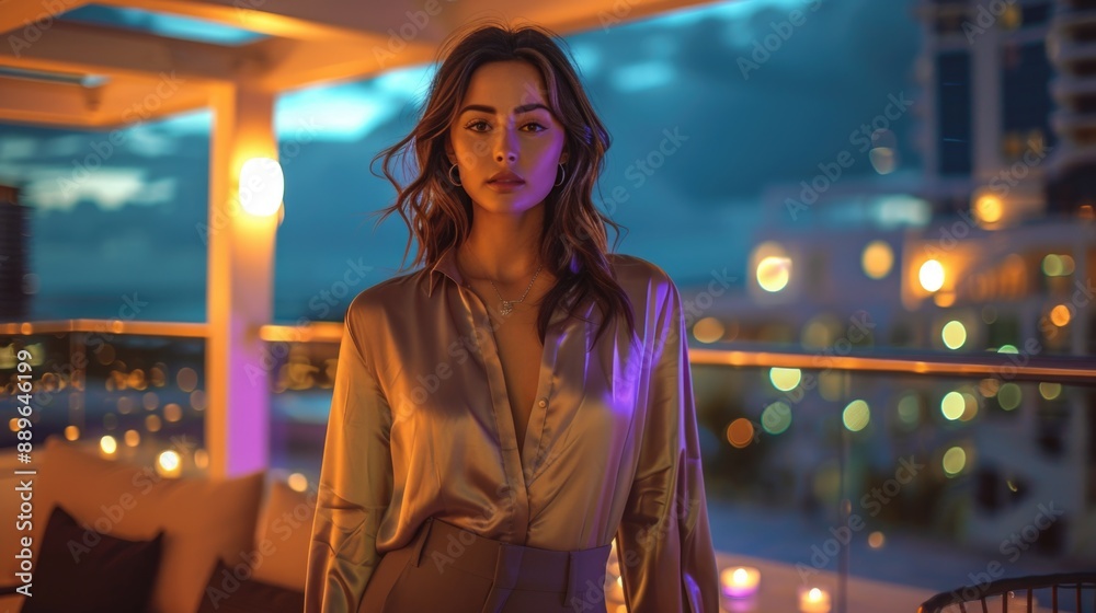 Urban Twilight: Young Woman Enjoying Cityscape View on Balcony Urban Twilight: Young Woman Enjoying Cityscape View on Balcony