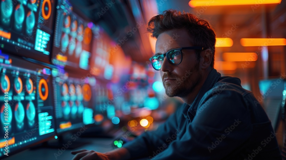 Futuristic Cybersecurity Expert Monitoring Data Screens Futuristic Cybersecurity Expert Monitoring Data Screens