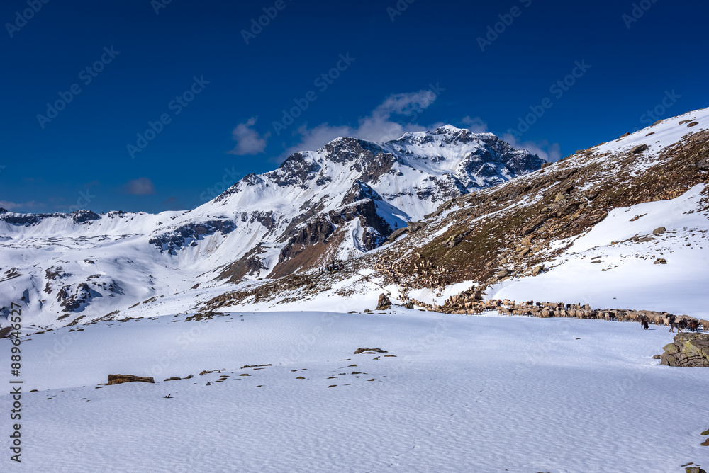 Obraz premium Rupin Pass is a high altitude trek in Himachal Pradesh located at 4650m.Trek is full of diversity from majestic Himalayan ranges to waterfalls, glacial meadows, snow-covered landscapes, lush forests.