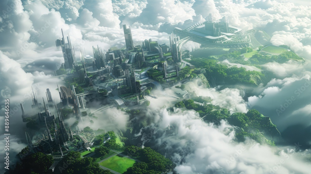 Fototapeta premium A futuristic city floating above the clouds, with advanced architecture and lush green spaces.