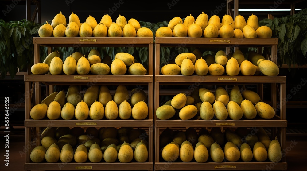 Neatly arranged yellow melons on wooden shelves in a market or store background. Neatly arranged yellow melons on wooden shelves in a market or store background.