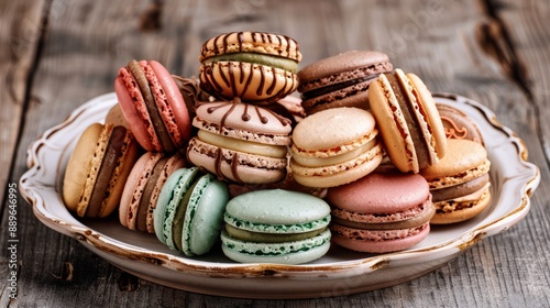 A beautifully arranged assortment of macarons in various colors, displayed on a vintage ceramic platter, high-resolution photo, realistic photo, cinematography, hyper realistic photo