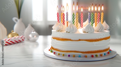 A beautifully decorated birthday cake with colorful candles and festive decorations photo