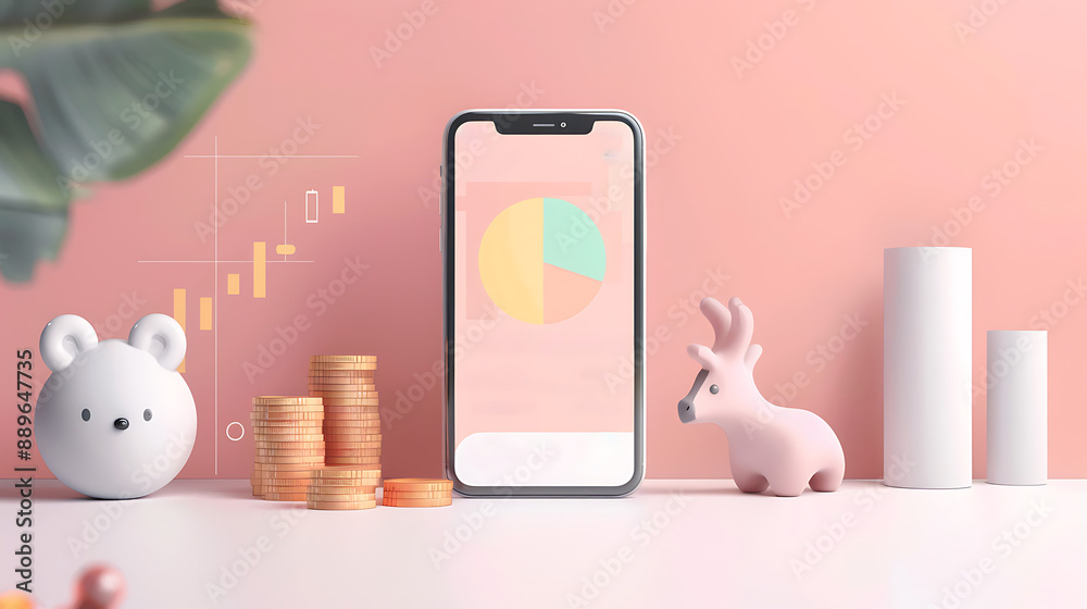smartphone on a pastel pink background with stacked coins, a toy bear, and a toy deer, showcasing a financial app with graphs and charts smartphone on a pastel pink background with stacked coins, a toy bear, and a toy deer, showcasing a financial app with graphs and charts