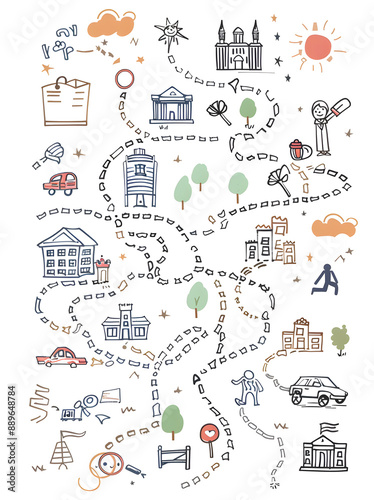 Immerse yourself in an enchanting handdrawn map filled with colorful doodles of buildings, streets, and transportation, ideal for sparking creativity and exciting adventures