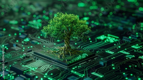 Nature's Technological Symphony Glowing Green Tree Sprouting from Microchip Perfect Harmony of Sustainability and Innovation