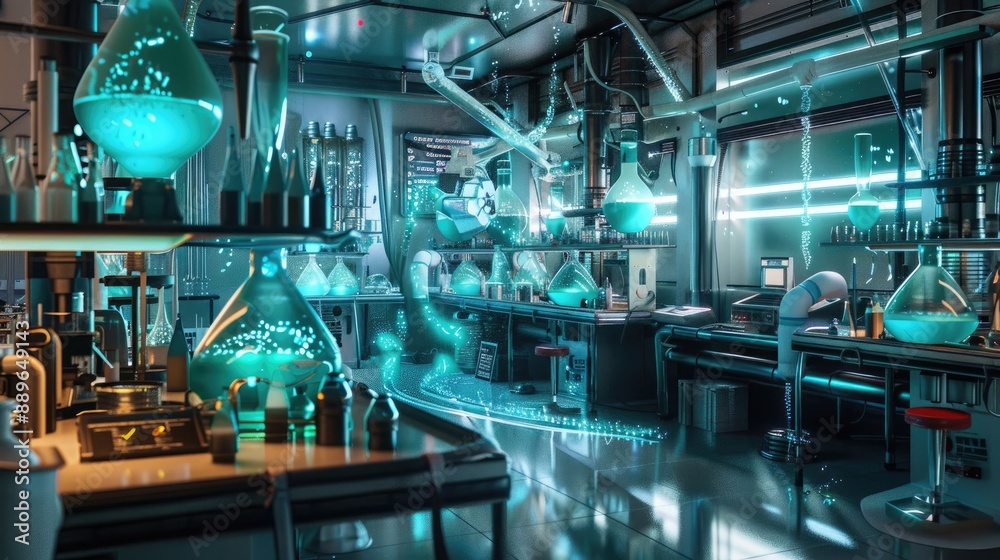 A futuristic lab filled with advanced scientific equipment and strange, glowing substances.