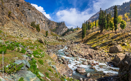 Serene Landscape of Chandanwadi near Phalgam town in Anantnag district of Jammu and Kashmir, India. Chandanwadi is starting point Amarnath holy cave pilgrimage and popular tourist destination. photo