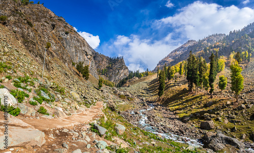 Serene Landscape of Chandanwadi near Phalgam town in Anantnag district of Jammu and Kashmir, India. Chandanwadi is starting point Amarnath holy cave pilgrimage and popular tourist destination. photo