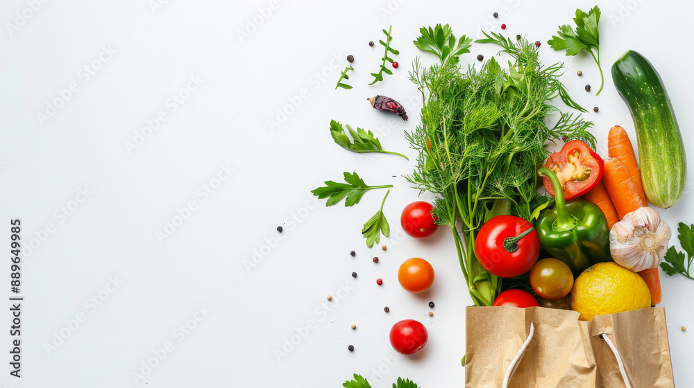 Fresh and healthy vegan food ingredients in a paper bag on a white background. Plenty of space for text, banner. Shopping for healthy food and eating clean vegan concepts. Fresh and healthy vegan food ingredients in a paper bag on a white background. Plenty of space for text, banner. Shopping for healthy food and eating clean vegan concepts.