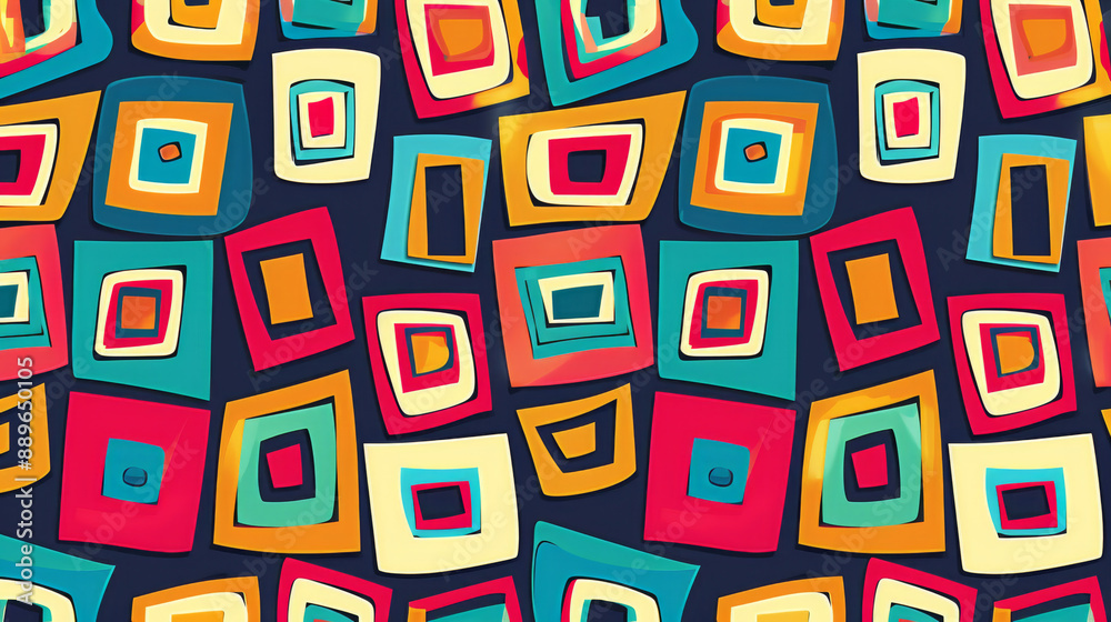 Fun geometric square shapes in different bright colors form a seamless pattern. This print looks like a funky cartoon and could be used on fabric. Fun geometric square shapes in different bright colors form a seamless pattern. This print looks like a funky cartoon and could be used on fabric.