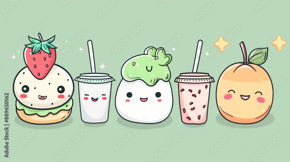 Cute cartoon food characters with smiling faces. Stock Illustration