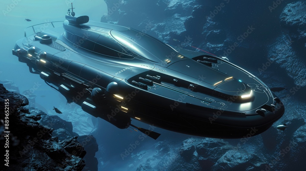 A futuristic research vessel exploring the depths of an alien ocean. A futuristic research vessel exploring the depths of an alien ocean.