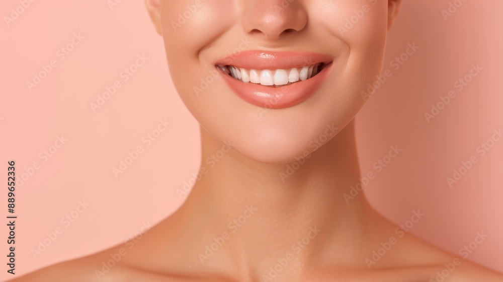 Obraz premium A beauty model with smooth skin and a bright smile, showcasing natural makeup, high-resolution photo, realistic photo, hyper realistic