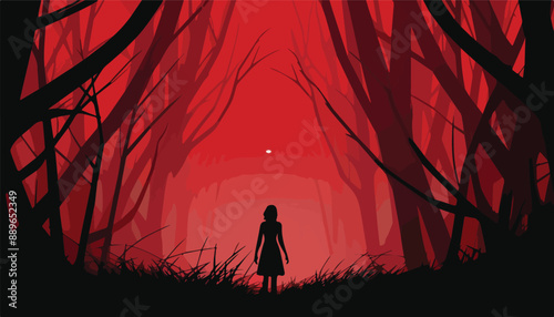 Silhouette of a girl in the forest. Vector illustration.