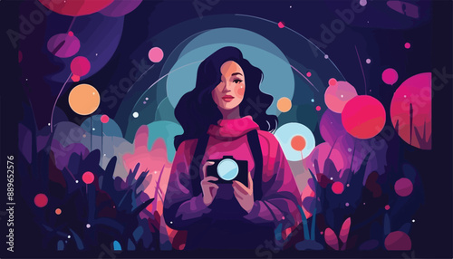Beautiful young woman holding a camera in her hand. Vector illustration