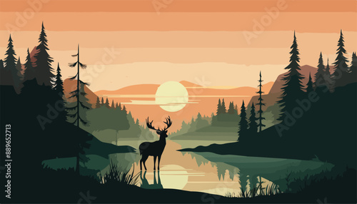 silhouette of deer in the forest at sunset. vector illustration