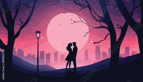 Silhouette of a loving couple in the park at night. Vector illustration
