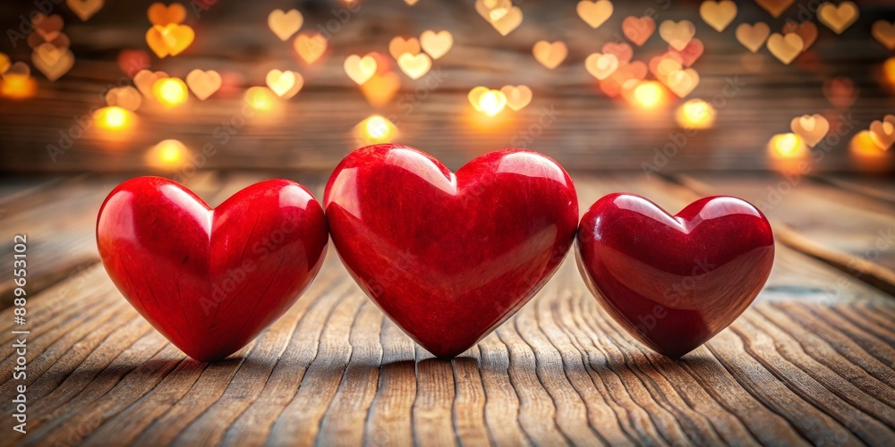 Three Red Hearts on Wooden Background with Heart-Shaped Lights, Valentine, Romance, Love, Hearts