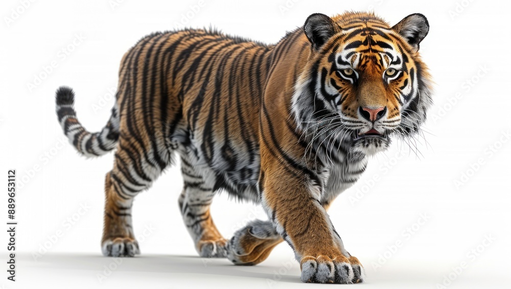 Obraz premium Striped Tiger Walking on White Background