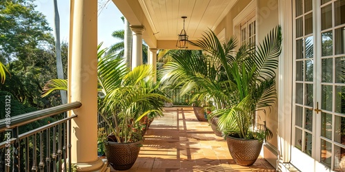 balcony with potted parlor palm plants, photo