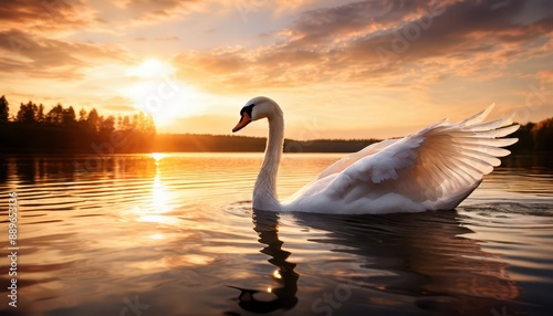 Fototapeta Naklejka Na Ścianę i Meble -  Serene Swan by Lake at Sunset