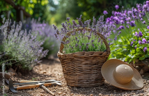 Lavender flowers in a basket, alongside a straw hat and tools, placed on the garden path