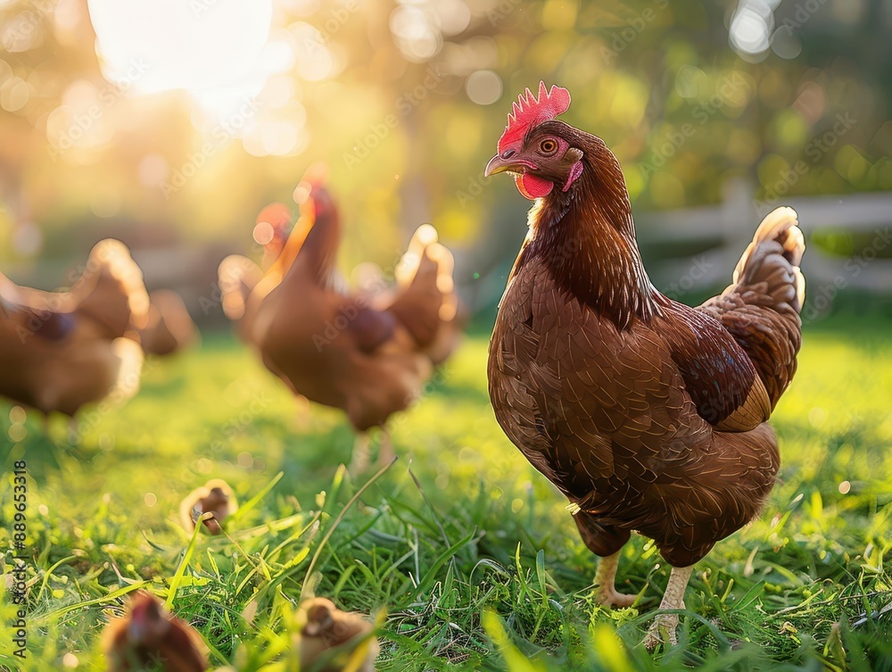 Fototapeta premium Free-range chickens pecking in the grass on a sunny farm, with golden sunlight highlighting their feathers in this serene rural scene.