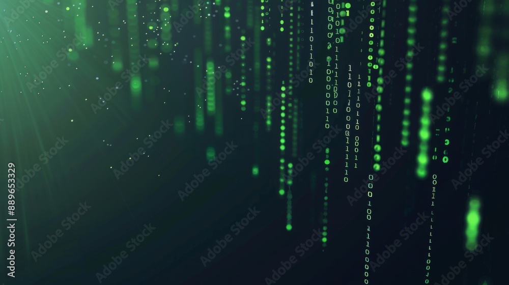 Abstract digital background with green binary code falling down against a dark background. Abstract digital background with green binary code falling down against a dark background.