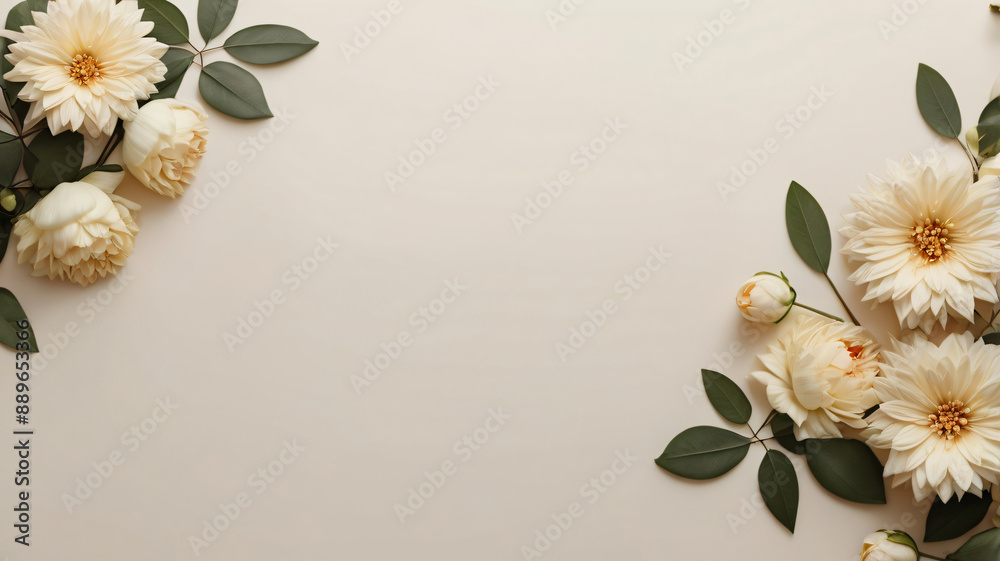 Mockup with frame, flowers and leaves over beige pastel background. Flat lay, top view Mockup with frame, flowers and leaves over beige pastel background. Flat lay, top view