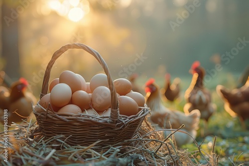 A basket of fresh eggs rests on hay in a sunlit farmyard with chickens in the background, capturing a serene rural scene. photo