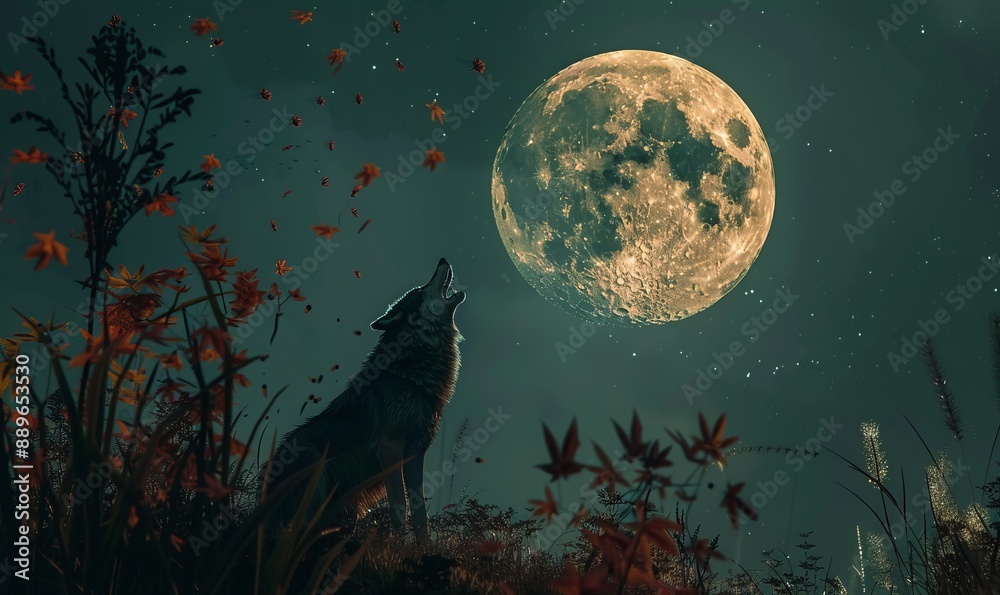 Halloween night with a full moon and a howling wolf, 31st October Halloween night with a full moon and a howling wolf, 31st October