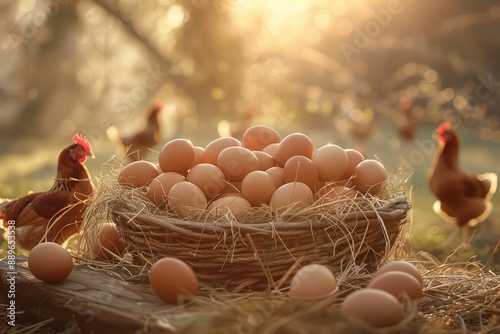 A warm morning on a farm with a basket of fresh eggs and chickens roaming freely. The sun is shining through the trees.