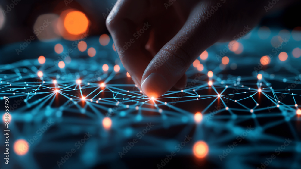 Naklejka premium Fingers connecting nodes in a glowing digital network