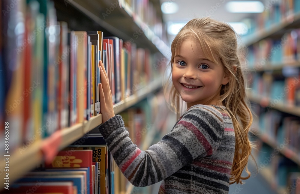 A joyful young girl reaches up to place a book on a library shelf at school A joyful young girl reaches up to place a book on a library shelf at school