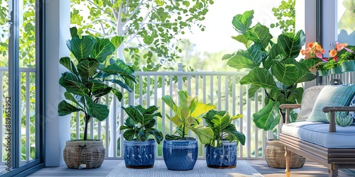 balcony with potted fiddle leaf fig plants