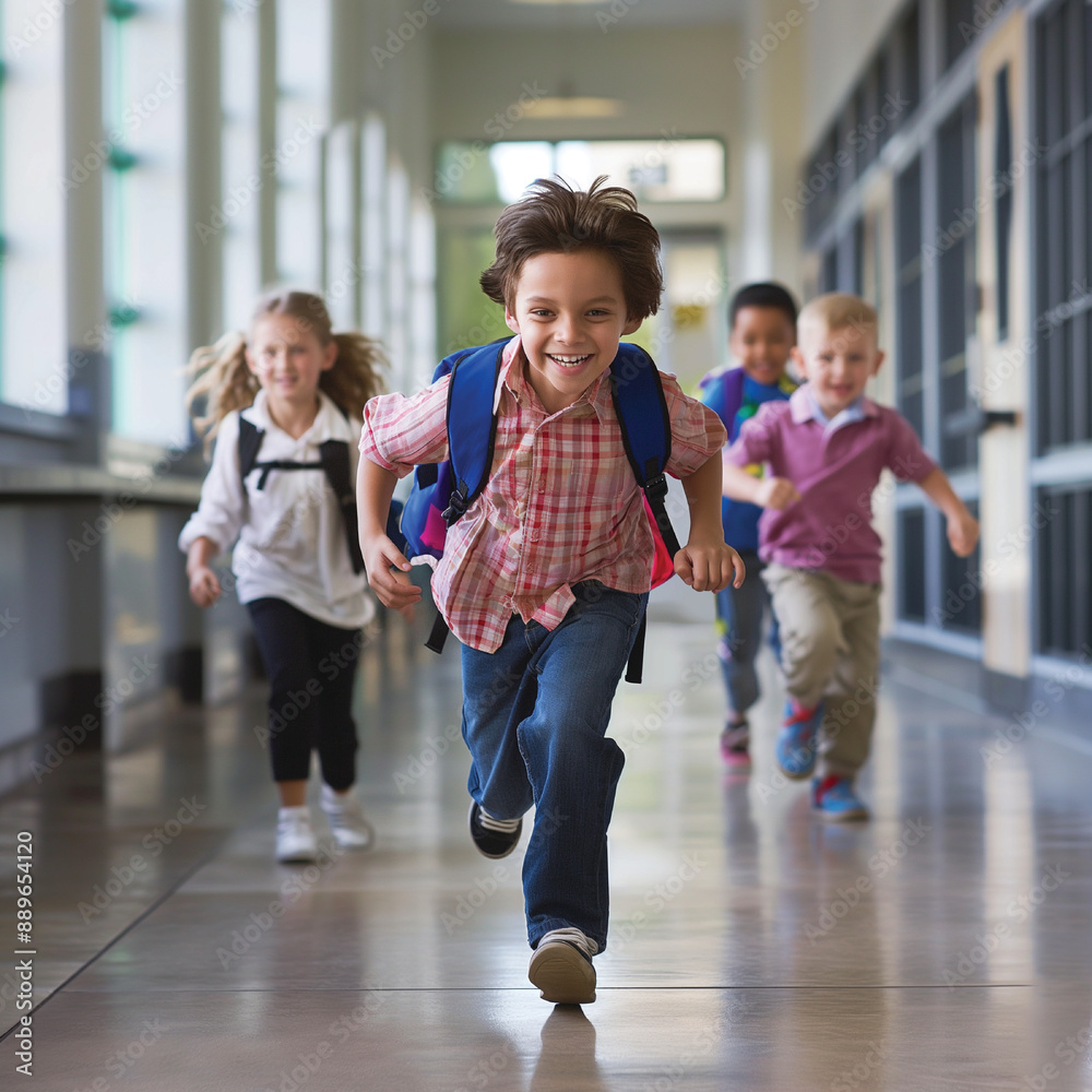 Obraz premium Happy children running in school hallway