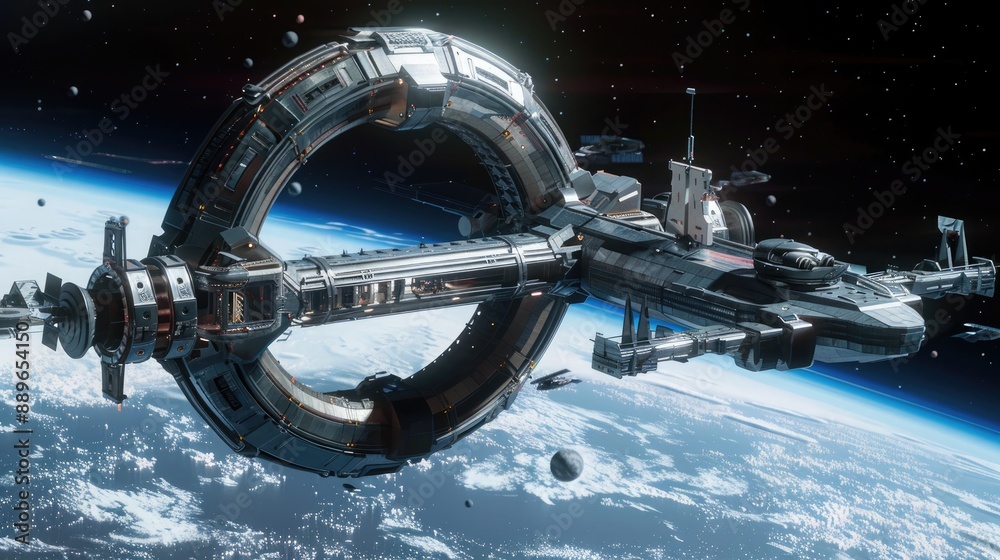 A futuristic spacecraft docking at a massive, ring-shaped space station. A futuristic spacecraft docking at a massive, ring-shaped space station.