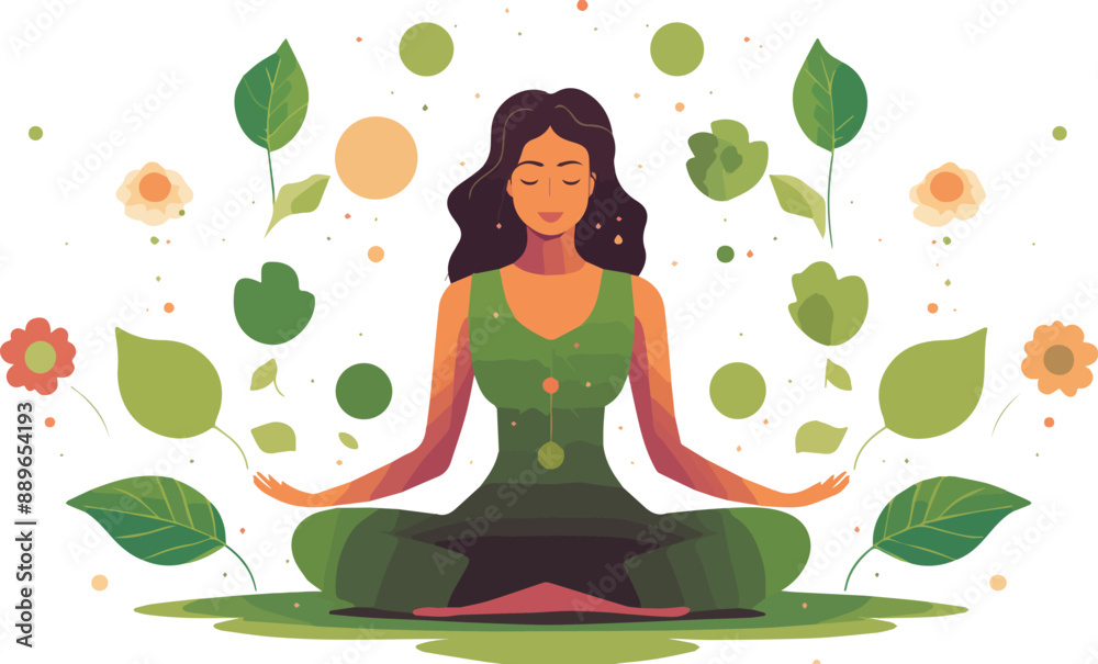 Vector illustration of a woman meditating in lotus position on the background of green leaves. Vector illustration of a woman meditating in lotus position on the background of green leaves.