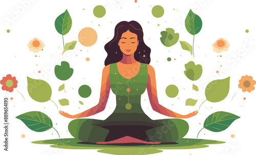 Vector illustration of a woman meditating in lotus position on the background of green leaves.